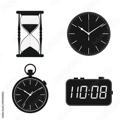 Collection of minimalist black silhouettes representing different timekeeping devices silhouette vector illustration white background