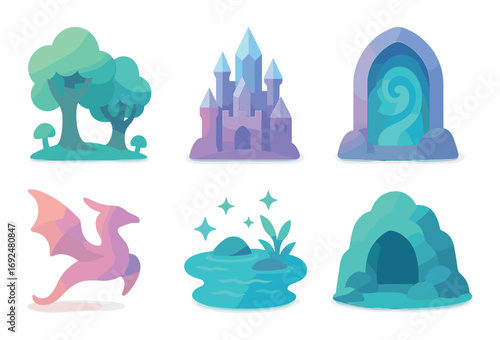Fantasy world flat icon set. featuring forest, castle, portal, dragon, pond, and cave symbols.