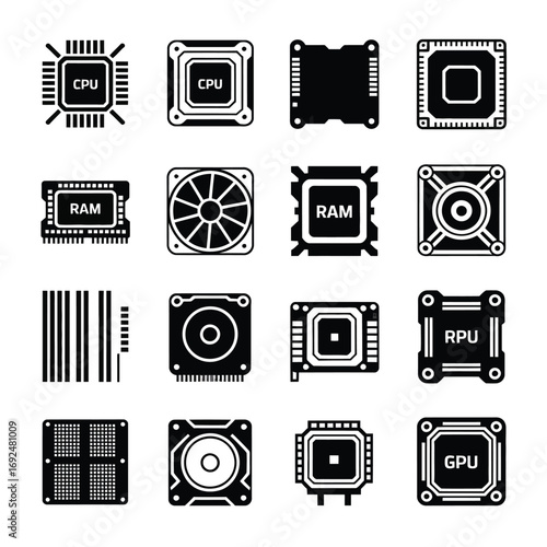Bundle of 12 computer hardware icons representing cpu ram gpu and cooling components silhouette vector illustration white background