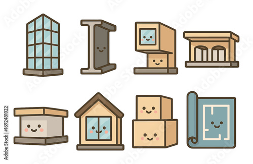 Architecture flat icons set. featuring skyscraper, column, modern home, museum, modular home, house, shipping boxes, blueprint.
