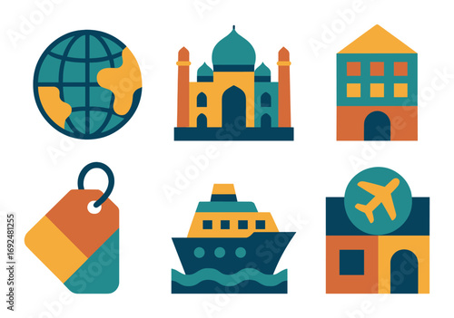 Travel and tourism flat icon set. featuring globe, taj mahal, hotel, tag, ship, and airport symbols.