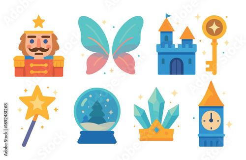 Fairy tale flat icons set. featuring nutcracker, butterfly, castle, key, wand, snow globe, crystals, crown, clock tower.