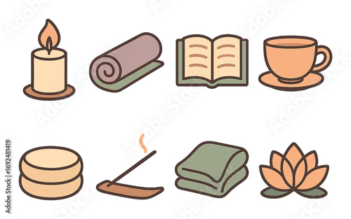 Relaxation and spa flat icon set. featuring candle, towel, book, tea, stones, incense, blanket, lotus.