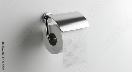Modern chrome toilet paper holder mounted on a white wall with a partial roll of toilet paper