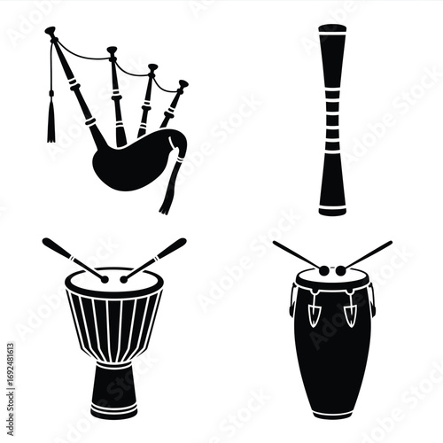 Collection of four diverse musical instrument silhouettes for artistic projects silhouette vector illustration white background