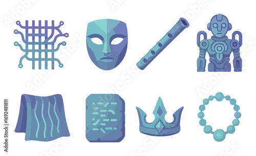 Mythical elements flat icon set. featuring circuit, mask, flute, robot, fabric, tablet, crown, necklace.