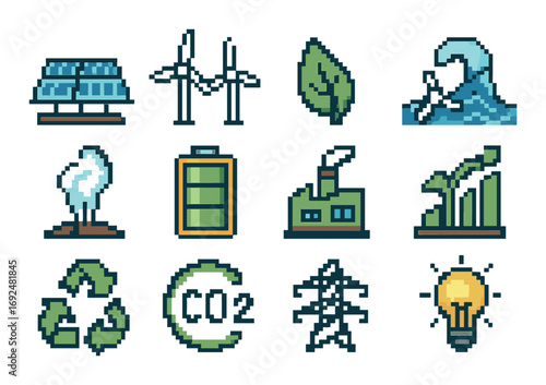 Eco-friendly and renewable energy pixel icon set. featuring solar, wind, leaf, wave, tree, battery, factory, growth, recycle, co2, power, bulb symbols.