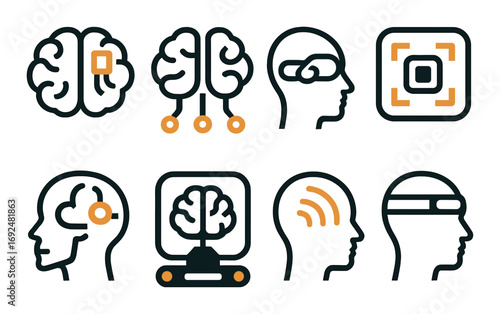 Futuristic technology linear icons set. featuring brain, ai, virtual reality, and neural network symbols.