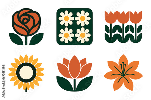Gardening flat icon set. featuring rose, daisy, tulip, sunflower, lotus, and lily symbols.