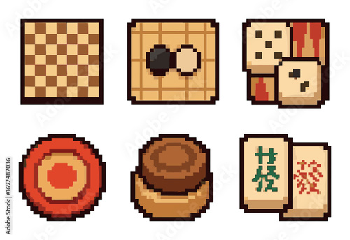 Board games flat icon set. featuring chess, go, dominoes, darts, checkers, mahjong symbols.