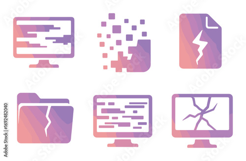 Tech issues silhouette icon set. featuring computer error, data loss, corrupted file, and broken screen symbols.