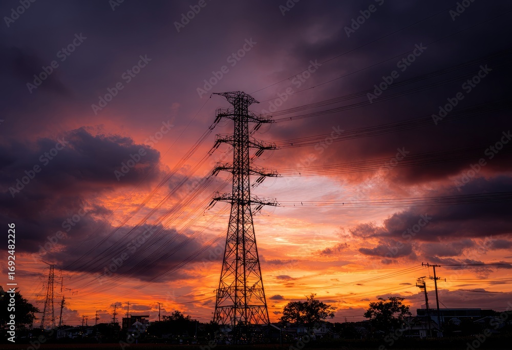 Fototapeta premium Silhouetted power lines against a dramatic sunset