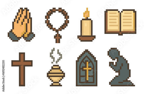 Christian symbols pixelated icon set. including prayer hands, rosary, candle, bible, cross, incense, church window, kneeling figure.