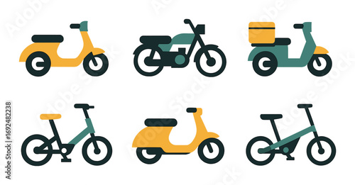Transportation silhouette icon set. featuring scooter, motorcycle, delivery bike, bicycle symbols.