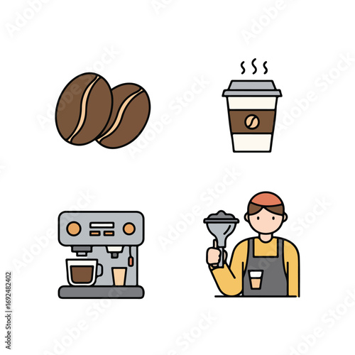 Coffee elements beans, cup, machine, barista
