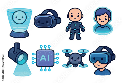 Futuristic technology flat icon set. featuring ai, hologram, vr, avatar, drone, motion tracking, smart speaker.