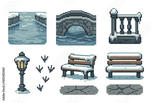 Winter scene pixel art icon set. featuring river, bridge, fence, lantern, footprints, bench, cracked ground.
