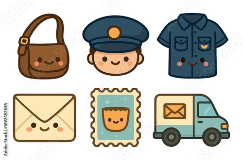 Mail delivery flat icon set. featuring purse, postal worker, shirt, letter, stamp, and mail truck.