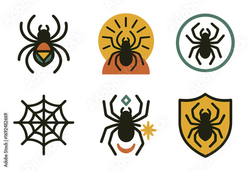 Spider and web flat icon set. featuring various spiders, webs, shields, and symbols.