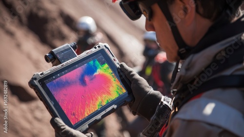 Volcanologist Monitoring Sensor Data on Drone Deployment Mission