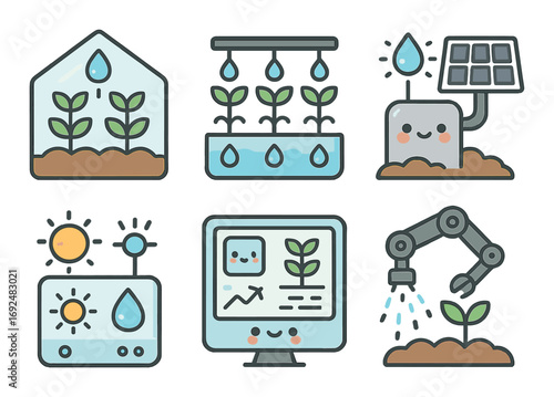 Sustainable agriculture flat icon set. featuring greenhouse, irrigation, solar, growth, and automation symbols.