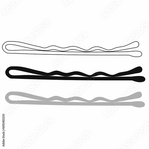 Vector illustration of bobby pin known as a kirbigrip, kirby grip,hair grip,hair  clip, shown in outline, silhouette, and shadow style. Accessory for icon,logo,symbol,hair styling, beauty, fashion.