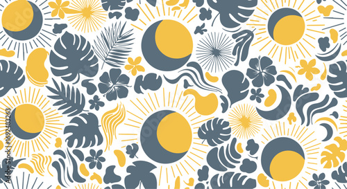 Boho seamless pattern with moon phases sun tropical leaves and flowers design