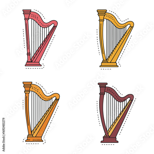 Harps Set of four stylized harp illustrations in various colors