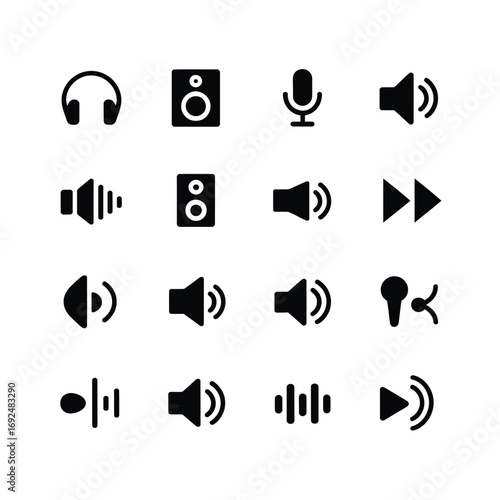Comprehensive collection of 16 audio sound icons for digital media and communication silhouette vector illustration white background