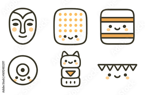Cultural symbols linear icon set. featuring mask, sculpture, statue, totem, disk, and ornament icons.