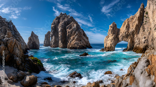 Picturesque Coastal Scenery Cabo San Lucas Mexico Beautiful Rock Formations Turquoise Waters and Blue Sky with Wispy Clouds