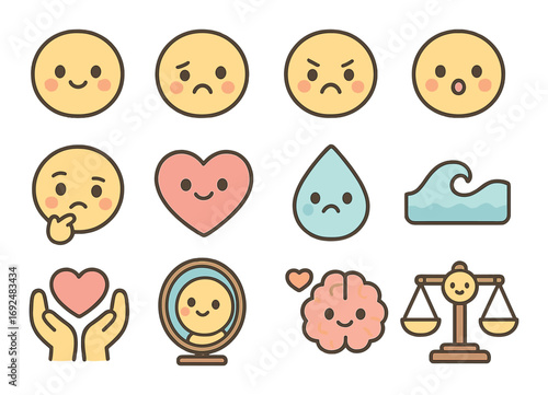 Emotions and feelings flat icon set. featuring happy, sad, angry, surprised, love, water, balance symbols..