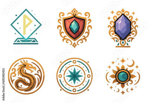 Magical artifacts flat icon set. featuring rune, shield, crystal, dragon, compass, and sun symbols.