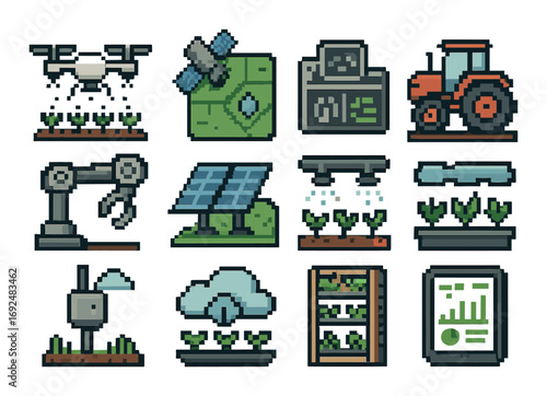 Agriculture technology pixel icon set. featuring drone, satellite, tractor, robotics, solar panels, and smart farming.