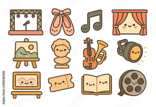 Art and music flat icon set. featuring theater, ballet, music note, stage, painting, sculpture, violin.