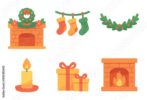 Christmas flat icon set. featuring fireplace, wreath, stockings, candle, and gifts symbols.