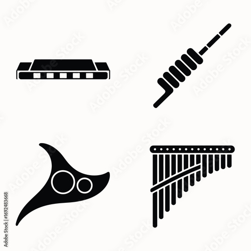Set of four distinct musical instrument silhouettes for creative projects silhouette vector illustration white background