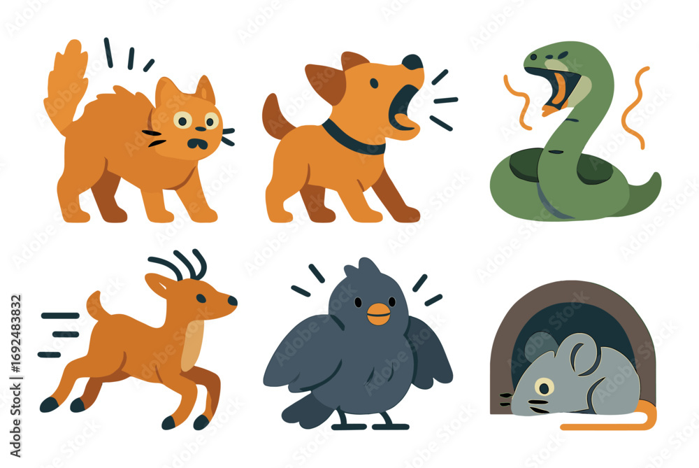 Obraz premium Animals flat icon set. featuring cat, dog, snake, deer, bird, and mouse symbols.