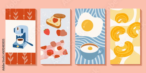 Whimsical flat design illustrations of breakfast foods and coffee machine in a collage style
