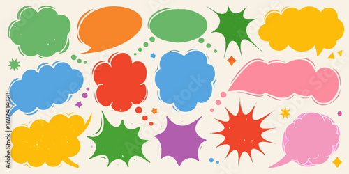 Collection of colorful hand drawn speech bubbles and thought bubbles with stars and dots on a cream background