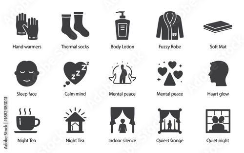 Comfort and well-being icons representing home cozy activities and self-care routines silhouette vector illustration white background