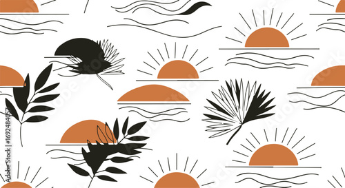 Abstract seamless pattern with sun, waves and leaves evokes warm tropical vibes and minimalist