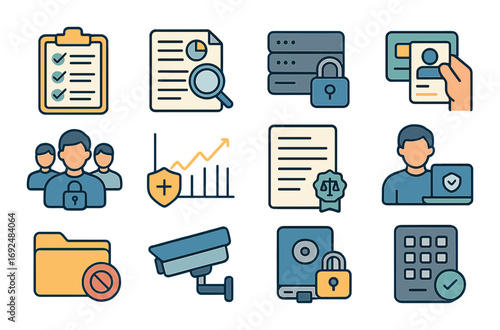 Security and data protection flat icons set. featuring threat, privacy, cctv, password, profile symbols.