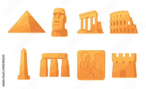 Ancient wonders flat icon set. featuring pyramid, moai, parthenon, colosseum, obelisk, stonehenge, sphinx, castle.