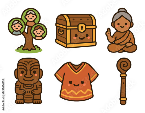 History and culture flat icons set. featuring family tree, treasure chest, monk, statue, tunic, staff.