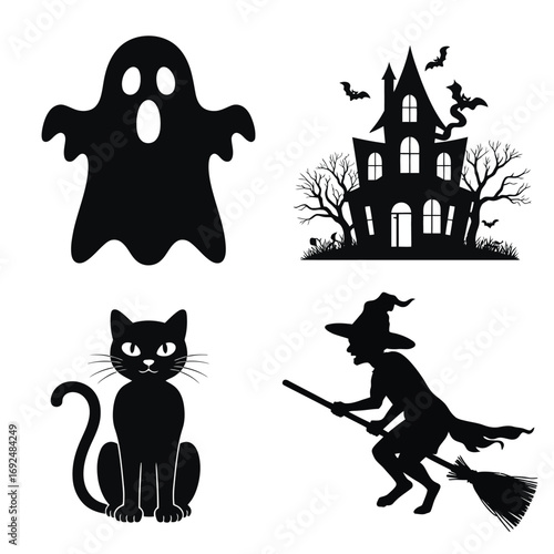 Halloween silhouettes spooky ghost haunted house black cat witch flying on broomstick silhouette vector illustration white background