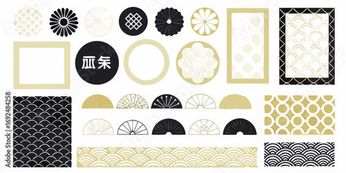 Collection of japanese inspired graphic elements and patterns in black gold and cream colors