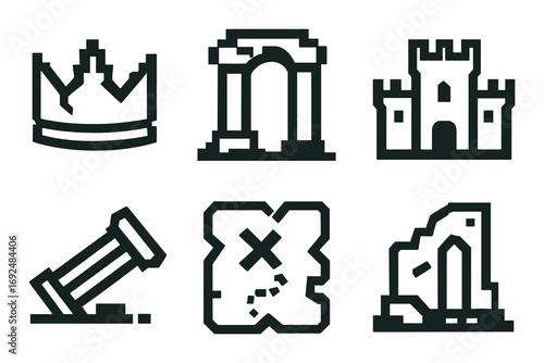 Medieval architecture pixel art icon set. featuring crown, archway, castle, column, map, ruins.