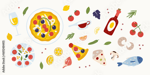 A vibrant flat lay illustration of italian food and ingredients including pizza wine seafood and fresh produce