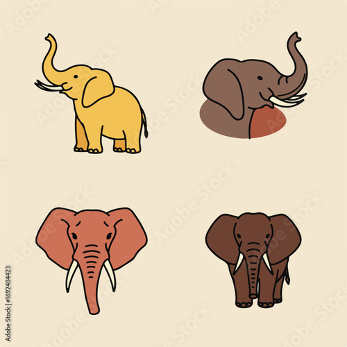 Cartoon Elephants Diverse Colors and Poses in four quadrants